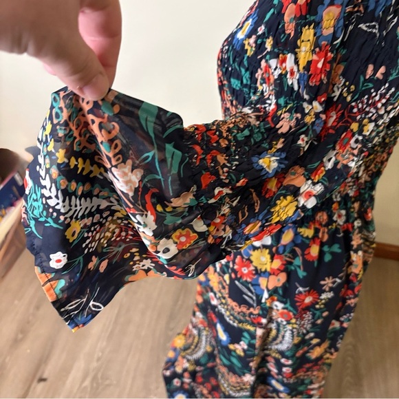 Elegant Floral Print Maxi Dress Bell Sleeve Smocked Bodice Prairie Bump friendly - Picture 6 of 8